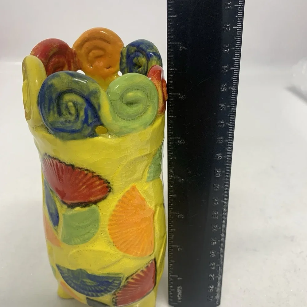 Art Pottery Vase Colorful Seashells Scallop Edge‎ Hand Made Yellow Red
